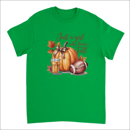 Vibrant green Just a Girl Who Loves Fall t-shirt with pumpkin, football, cider graphic