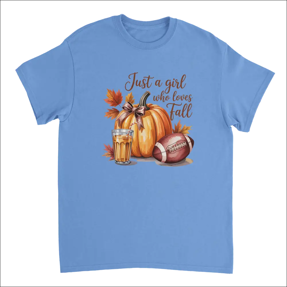 Light blue cotton t-shirt with fall graphic: pumpkin, football, cider
