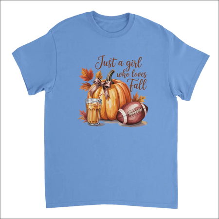 Light blue cotton t-shirt with fall graphic: pumpkin, football, cider