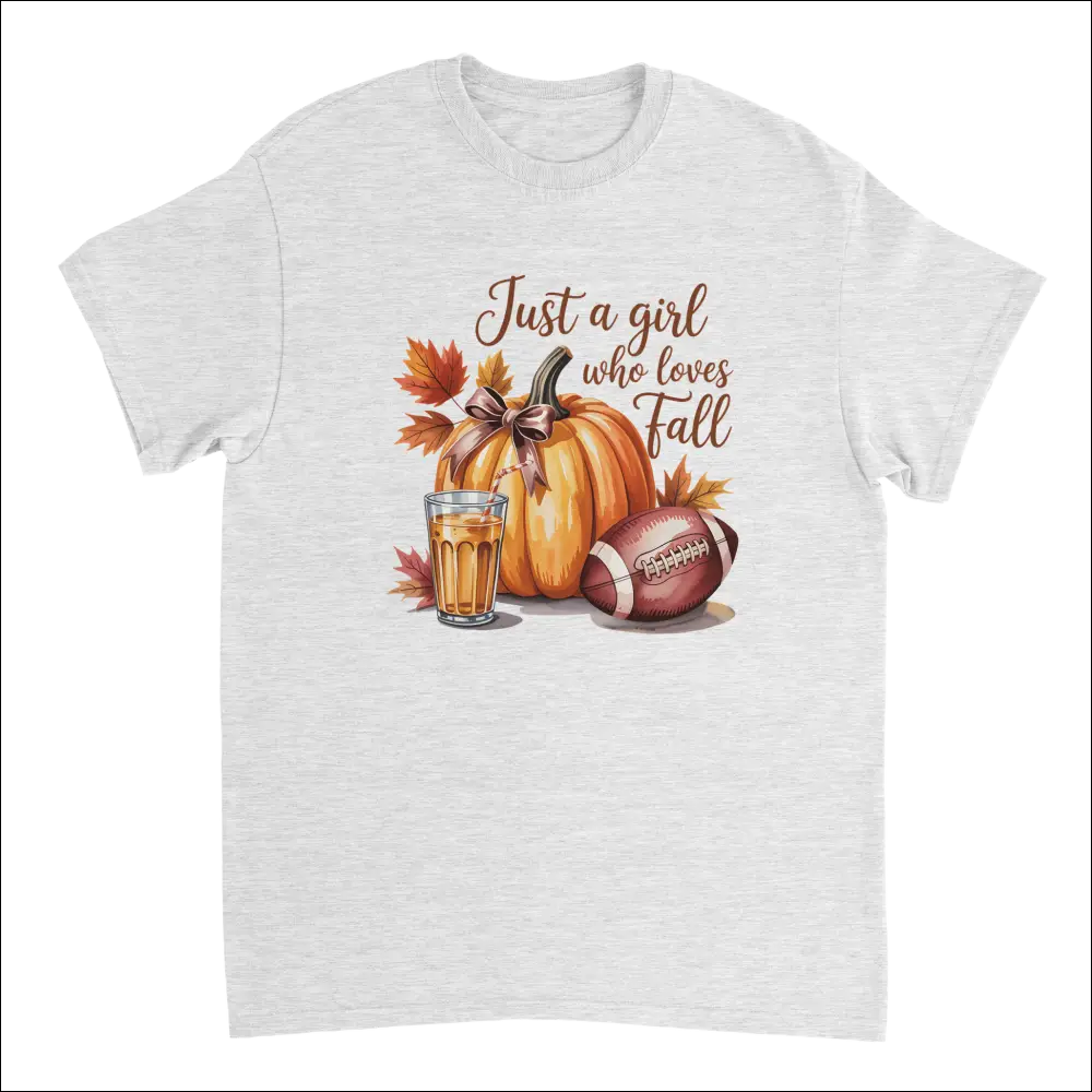 White cotton t-shirt with fall graphic: pumpkin, leaves, football, cider