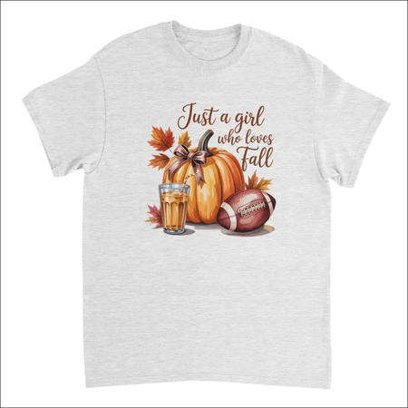 White cotton t-shirt with fall graphic: pumpkin, leaves, football, cider