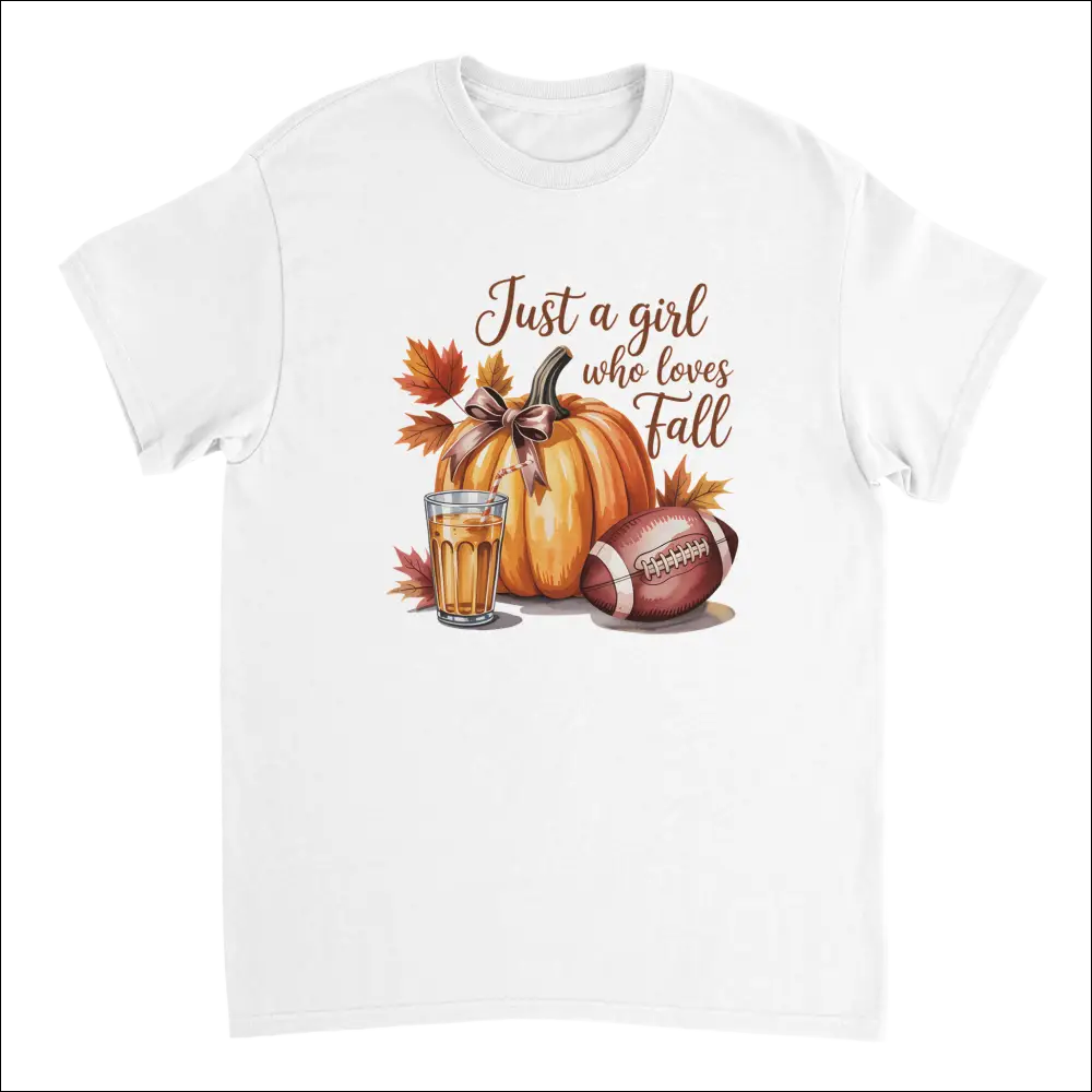 White cotton t-shirt with watercolor pumpkin, leaves, football, and amber drink