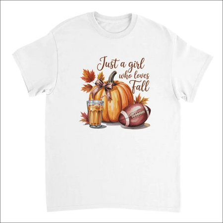 White cotton t-shirt with watercolor pumpkin, leaves, football, and amber drink