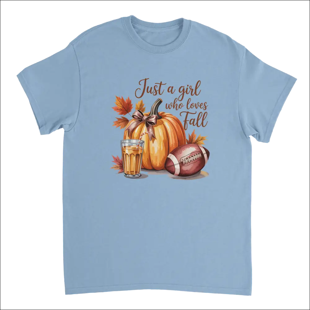 Light blue Just a Girl Who Loves Fall T-shirt with pumpkin, football, cider graphic
