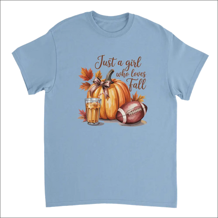 Light blue Just a Girl Who Loves Fall T-shirt with pumpkin, football, cider graphic