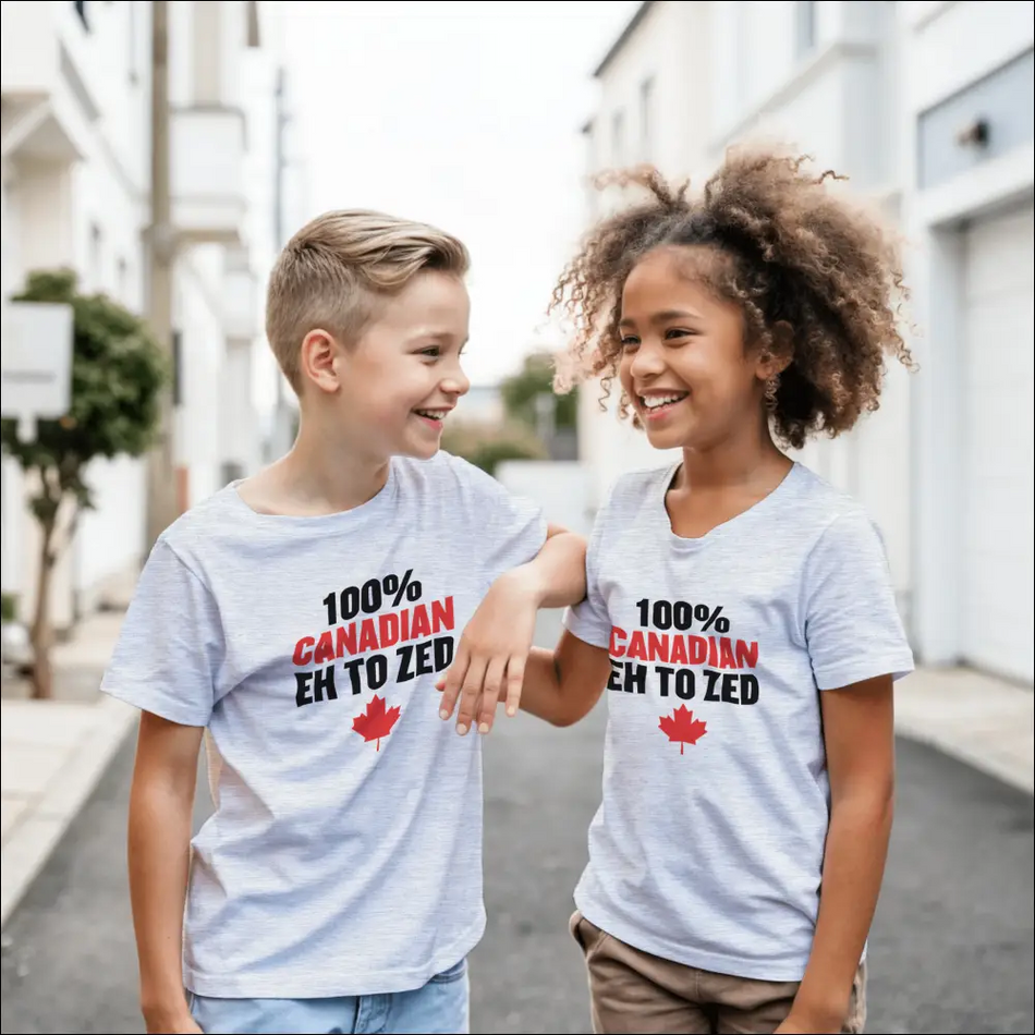 Kids Canadian Eh to Zed t-shirt in light gray with red maple leaf