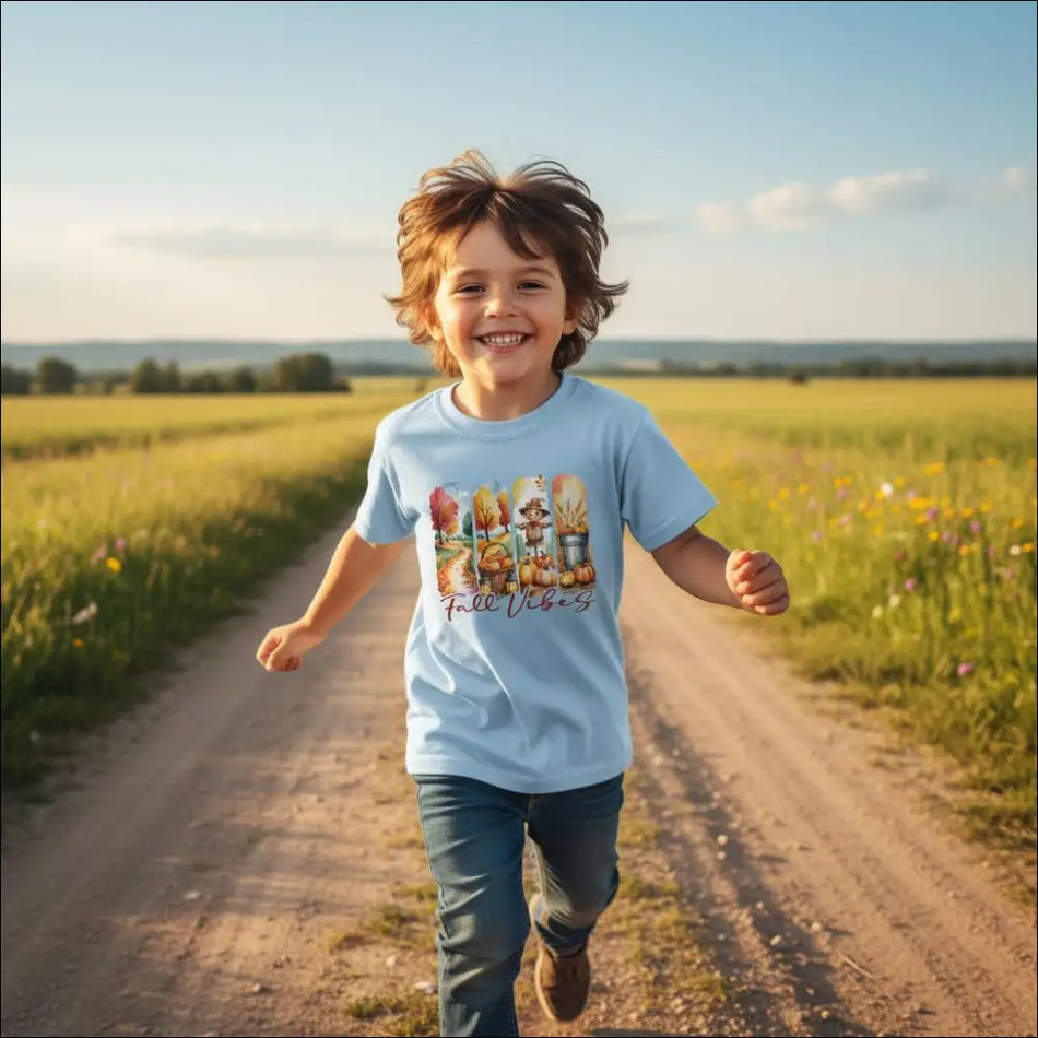 Light blue kids short-sleeve t-shirt with colorful fall vibes graphic