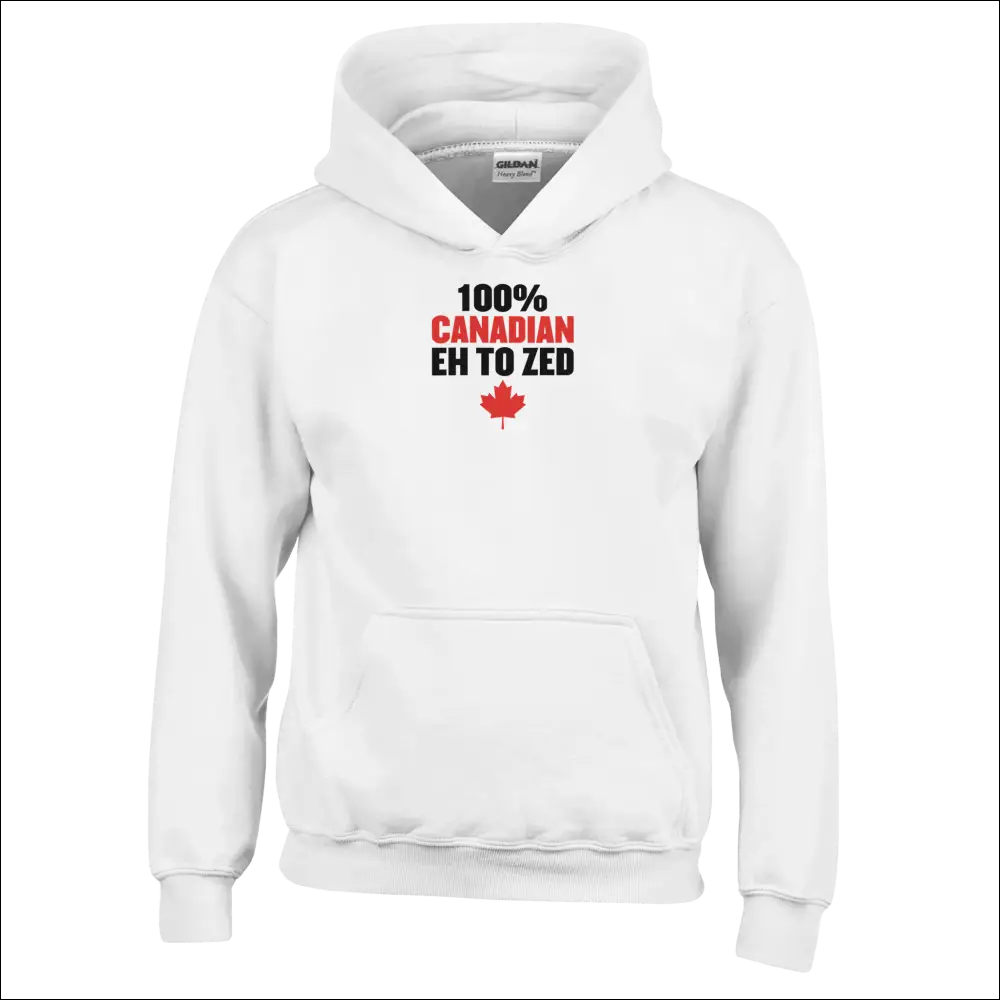 Kids pullover hoodie with 100% Canadian eh to zed print and red maple leaf