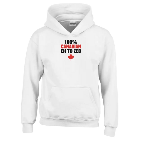 Kids pullover hoodie with 100% Canadian eh to zed print and red maple leaf