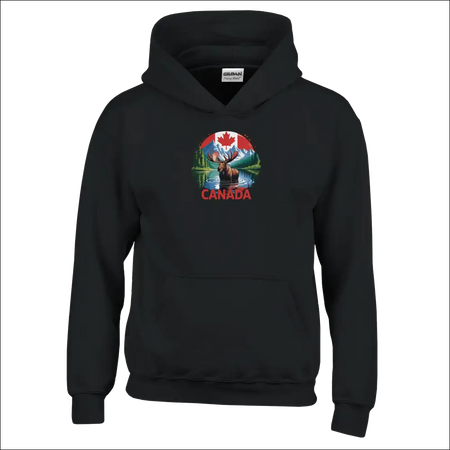 Kids pullover hoodie with black Gildan fabric, colorful Canadian moose, mountains, flag and Canada text