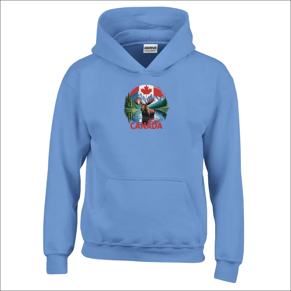 Kids pullover hoodie with Canadian moose and mountains design