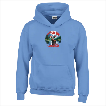 Kids pullover hoodie with Canadian moose and mountains design