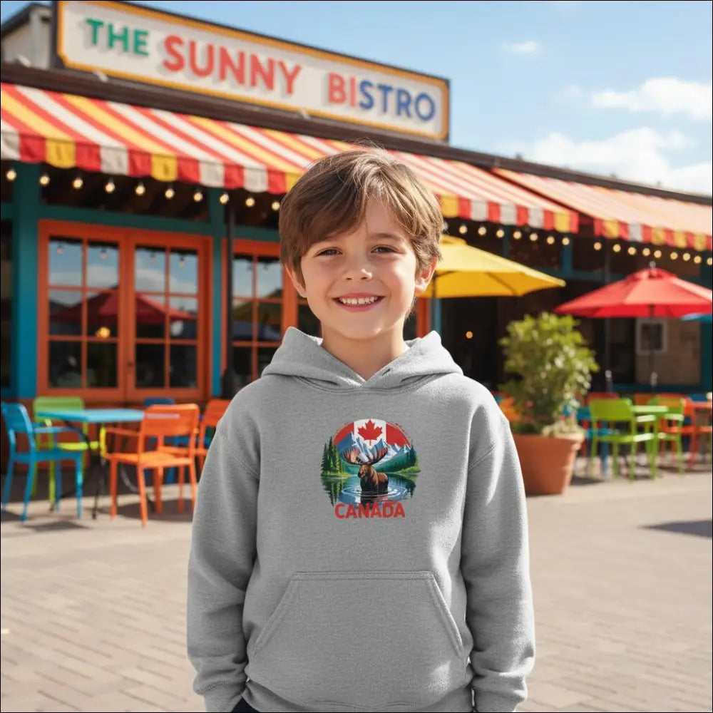 Gray kids pullover hoodie with colorful Canadian moose, maple leaf, and mountains graphic on chest