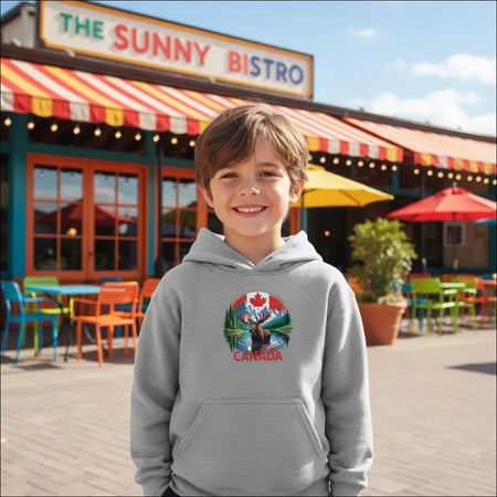Gray kids pullover hoodie with colorful Canadian moose, maple leaf, and mountains graphic on chest