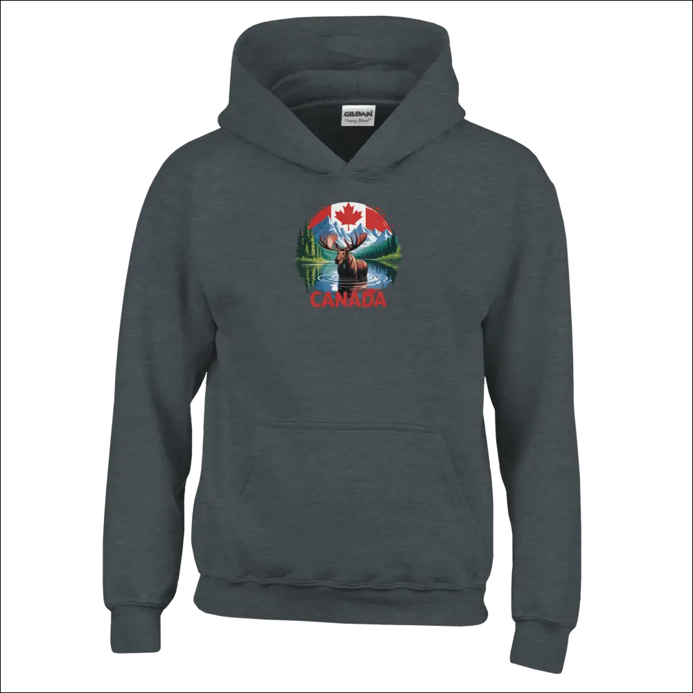 Kids dark gray pullover hoodie with Canadian moose and mountains design