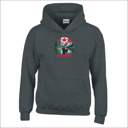 Kids dark gray pullover hoodie with Canadian moose and mountains design