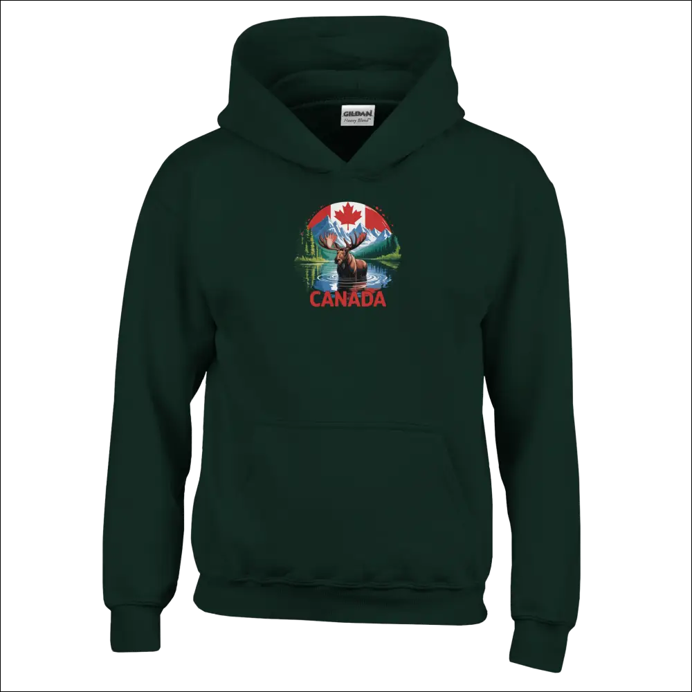Kids pullover hoodie with dark green Gildan fabric, colorful Canadian moose, mountains, and flag design