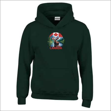 Kids pullover hoodie with dark green Gildan fabric, colorful Canadian moose, mountains, and flag design