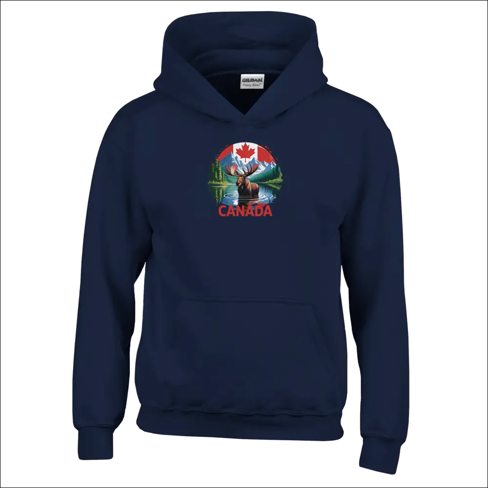Kids pullover hoodie with navy blue Canadian moose mountains design