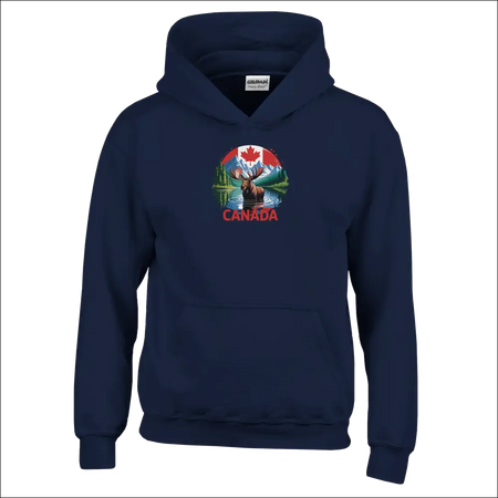 Kids pullover hoodie with navy blue Canadian moose mountains design