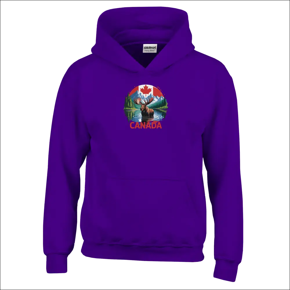 Kids purple pullover hoodie with moose, mountains, Canada flag graphic