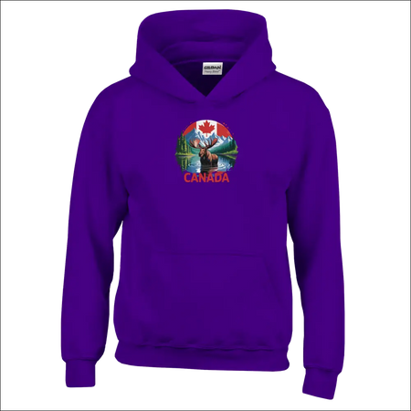 Kids purple pullover hoodie with moose, mountains, Canada flag graphic