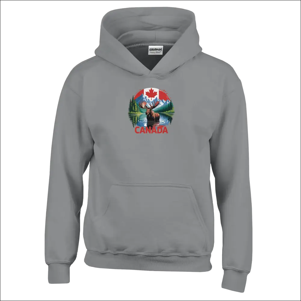 Kids pullover hoodie with gray hooded sweatshirt, colorful Canadian moose, mountains, flag and Canada text