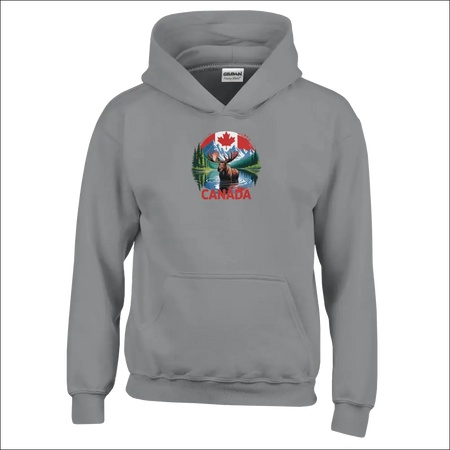 Kids pullover hoodie with gray hooded sweatshirt, colorful Canadian moose, mountains, flag and Canada text