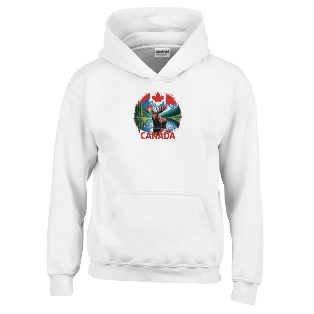 Kids pullover hoodie with Canadian moose, mountains, red maple leaf and Canada text