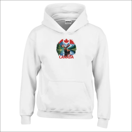Kids pullover hoodie with Canadian moose, mountains, red maple leaf and Canada text