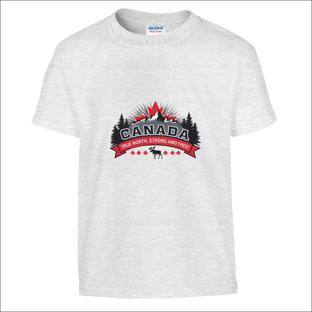 Kids Canada True North Strong & Free T-Shirt with red black gray graphic