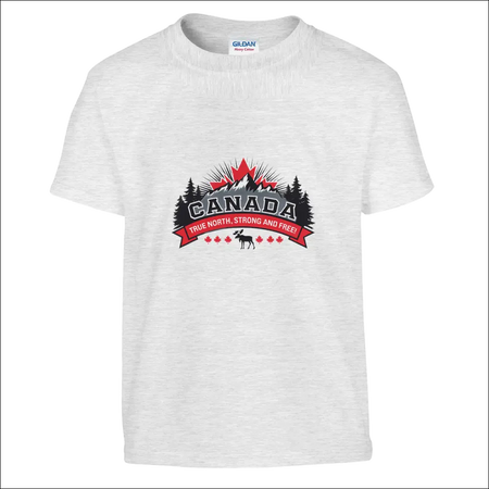 Kids Canada True North Strong & Free T-Shirt with red black gray graphic