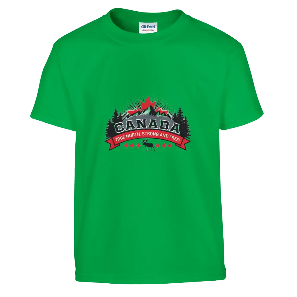 Vibrant green kids Gildan t-shirt with bold Canada True North Strong and Free mountainous design