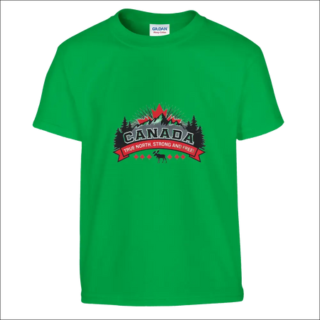 Vibrant green kids Gildan t-shirt with bold Canada True North Strong and Free mountainous design