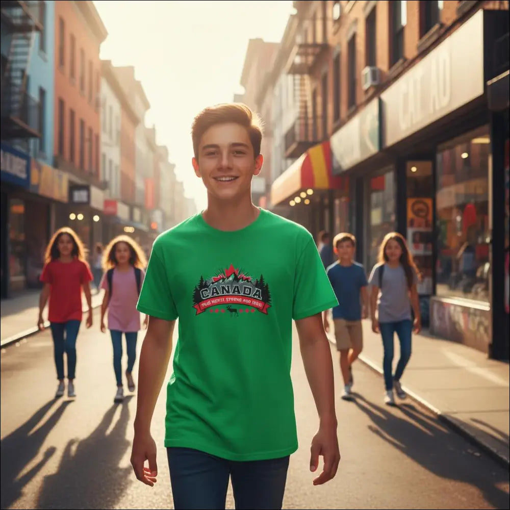 Green kids cotton t-shirt with Canada True North Strong and Free mountains and trees design in black, red, and white