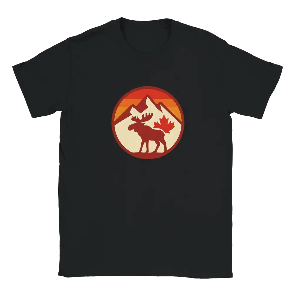 Black KPAP Canada t-shirt with red moose, mountains, maple leaf sunset graphic