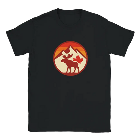 Black KPAP Canada t-shirt with red moose, mountains, maple leaf sunset graphic