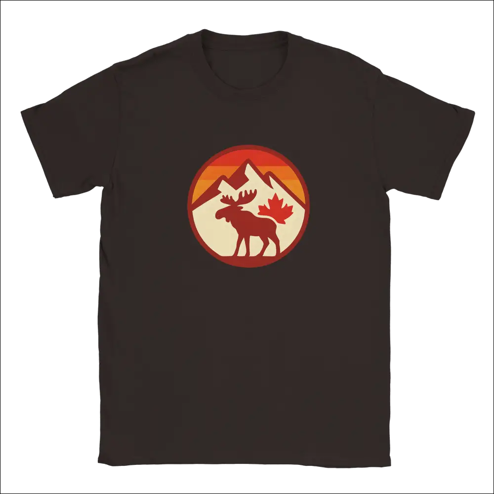 Dark gray KPAP Canada Original T-shirt with red moose, mountains, maple leaf on orange sunset