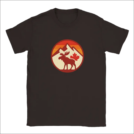 Dark gray KPAP Canada Original T-shirt with red moose, mountains, maple leaf on orange sunset