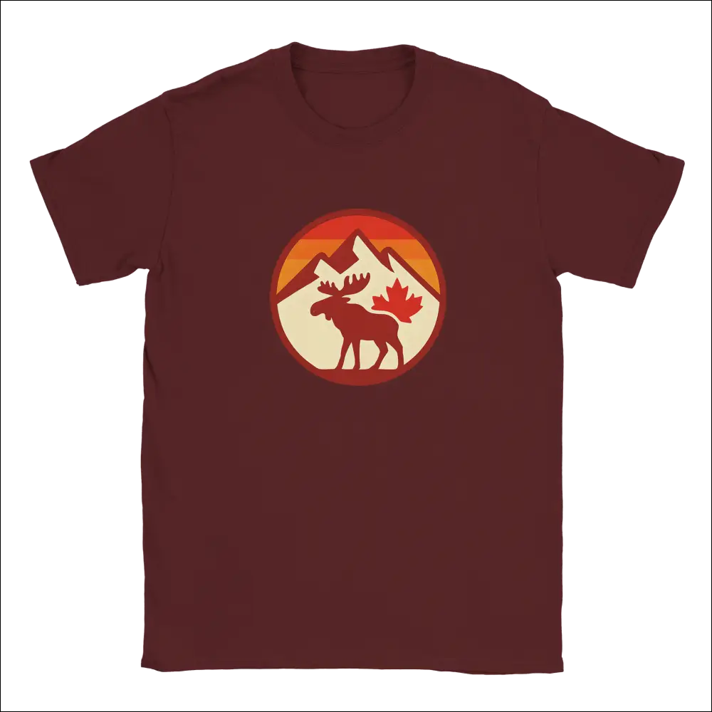 Maroon KPAP Canada moose graphic t-shirt with mountains sunset