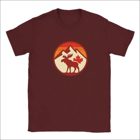 Maroon KPAP Canada moose graphic t-shirt with mountains sunset