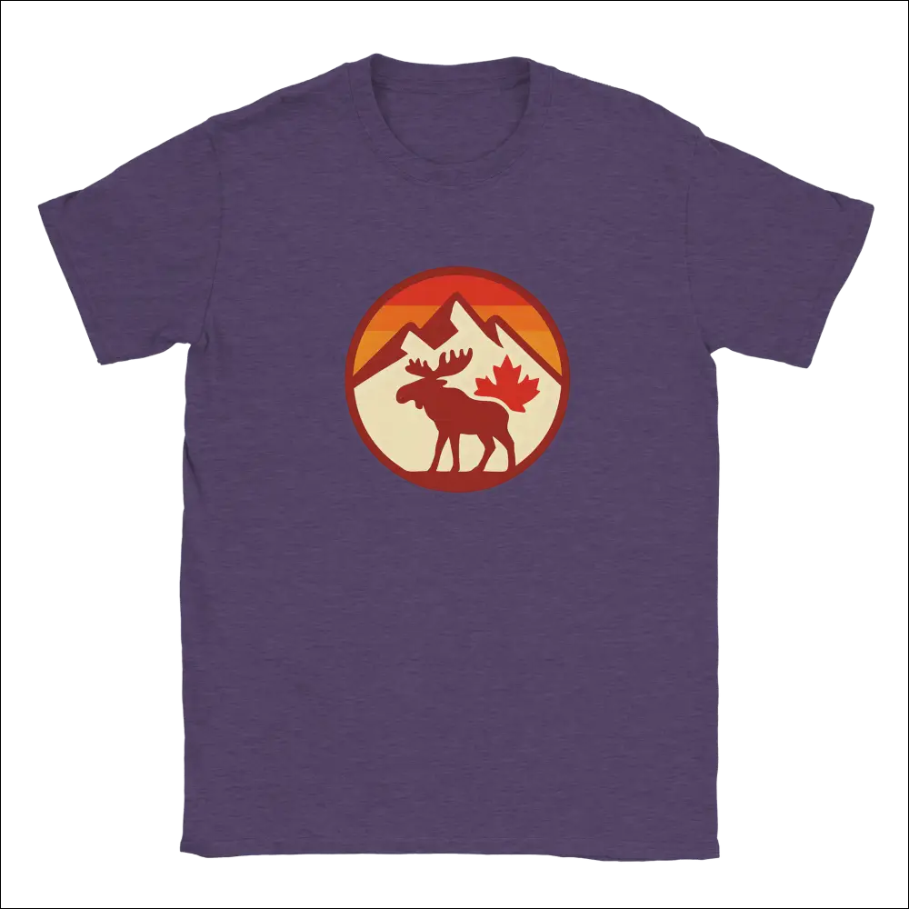 Purple KPAP Canada moose t-shirt with mountains, maple leaf, sunset gradient