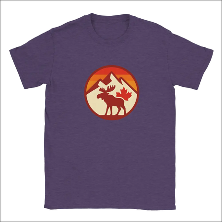 Purple KPAP Canada moose t-shirt with mountains, maple leaf, sunset gradient