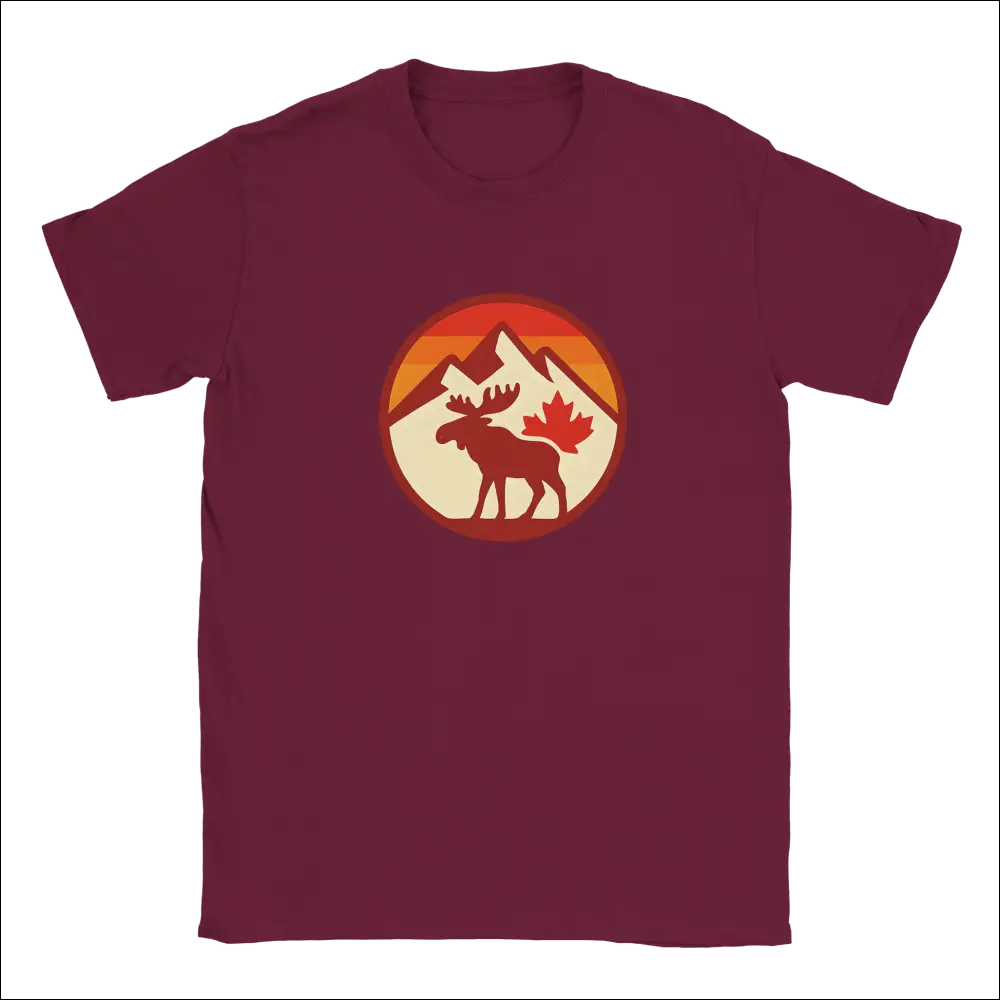 KPAP Canada maroon moose graphic t-shirt with mountains and sunset