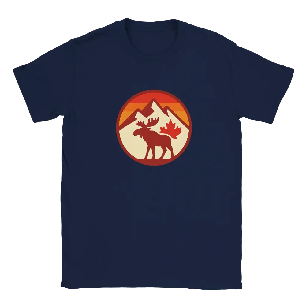 Navy blue KPAP Canada t-shirt with orange moose, mountains, maple leaf graphic