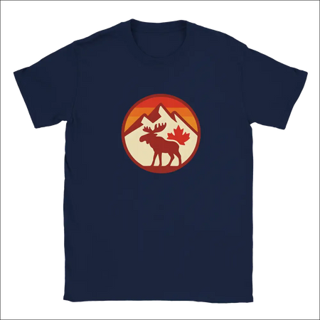Navy blue KPAP Canada t-shirt with orange moose, mountains, maple leaf graphic