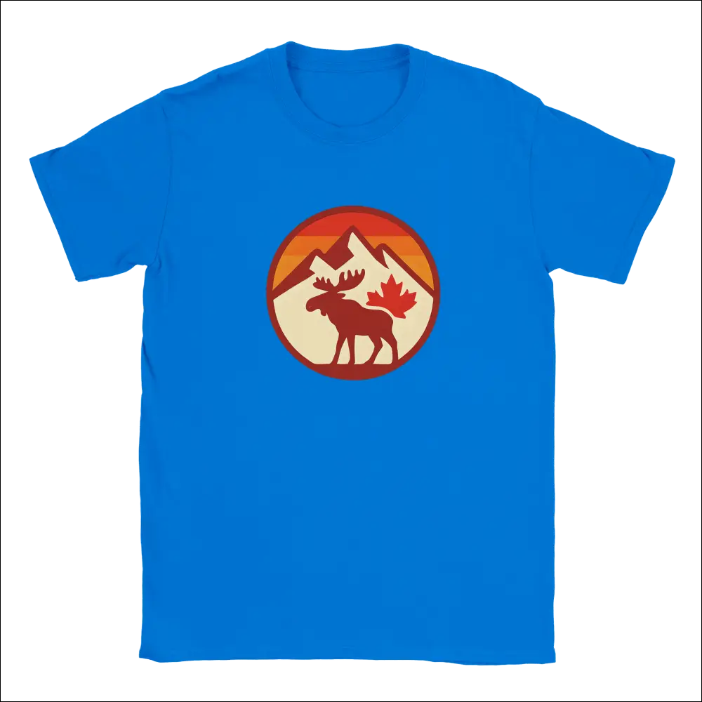 Bright blue KPAP Canada t-shirt with moose, mountains, maple leaf sunset graphic