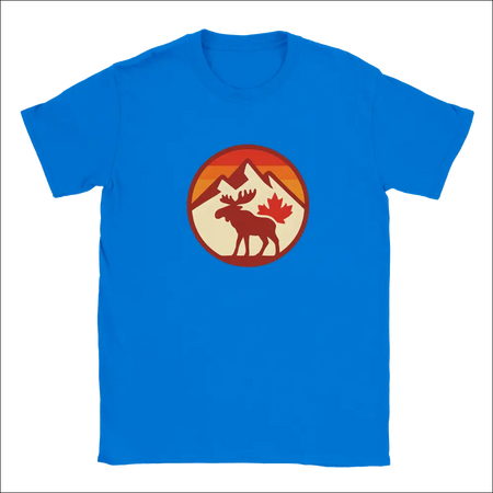 Bright blue KPAP Canada t-shirt with moose, mountains, maple leaf sunset graphic
