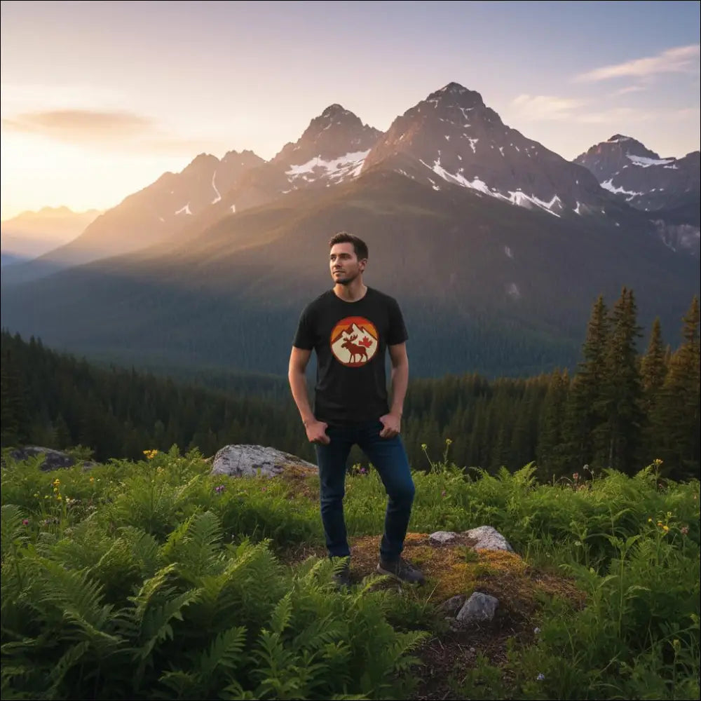 Black KPAP Canada t-shirt with moose silhouette and maple leaf sunset graphic