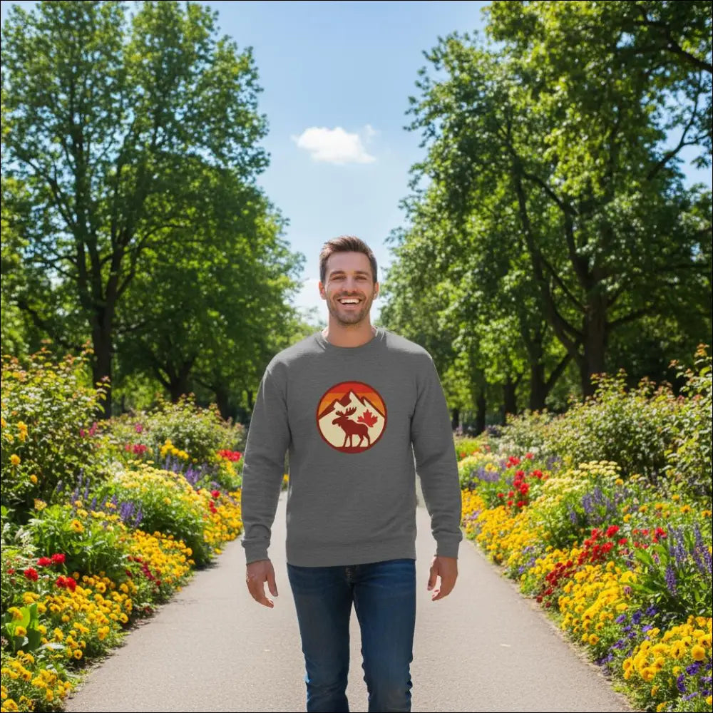 Gray KPAP sweatshirt with moose, mountains, maple leaf design